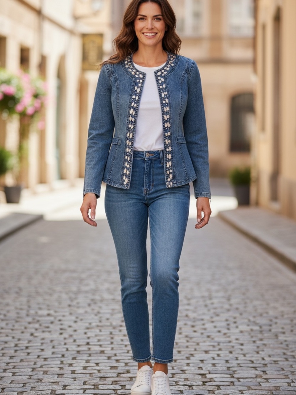 Mengnasai Women’s Open Jean Jacket w/Rhinestone Accents. Size small
